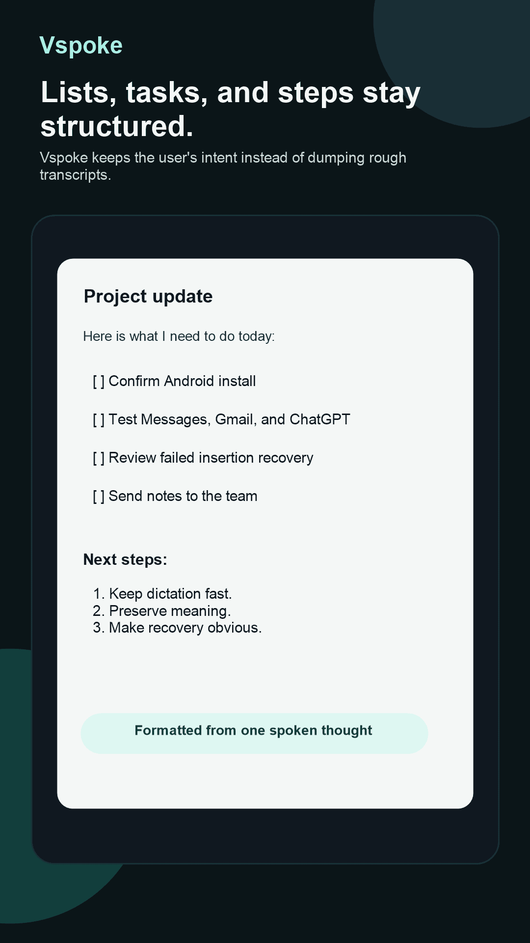 Vspoke intent-aware writing screen